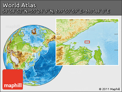 Physical Location Map of the Area around 55° 11' 31" N, 140° 19' 29" E