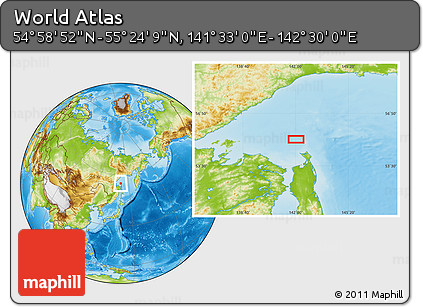 Physical Location Map of the Area around 55° 11' 31" N, 142° 1' 30" E
