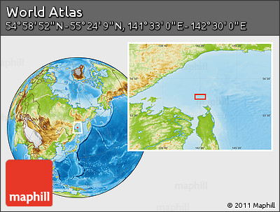 Physical Location Map of the Area around 55° 11' 31" N, 142° 1' 30" E