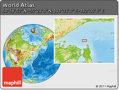 Physical Location Map of the Area around 55° 11' 31" N, 142° 1' 30" E
