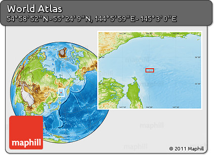 Physical Location Map of the Area around 55° 11' 31" N, 144° 34' 29" E