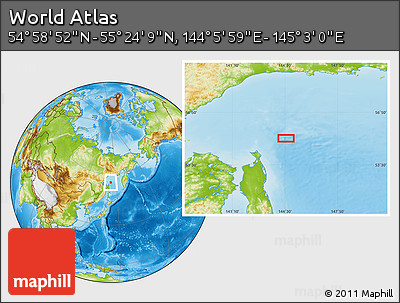 Physical Location Map of the Area around 55° 11' 31" N, 144° 34' 29" E