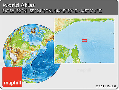 Physical Location Map of the Area around 55° 11' 31" N, 144° 34' 29" E