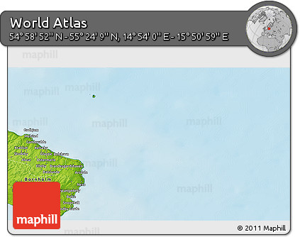 Physical 3D Map of the Area around 55° 11' 31" N, 15° 22' 30" E