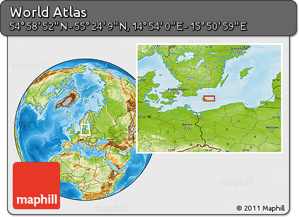 Physical Location Map of the Area around 55° 11' 31" N, 15° 22' 30" E