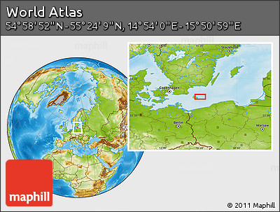 Physical Location Map of the Area around 55° 11' 31" N, 15° 22' 30" E