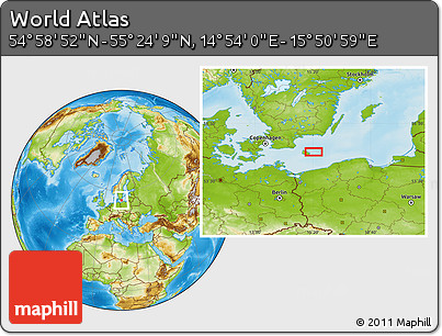 Physical Location Map of the Area around 55° 11' 31" N, 15° 22' 30" E