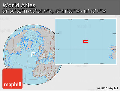 Gray Location Map of the Area around 55° 11' 31" N, 15° 13' 29" W