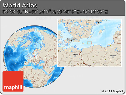 Shaded Relief Location Map of the Area around 55° 11' 31" N, 16° 13' 30" E