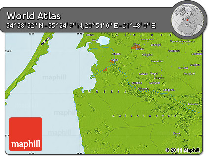 Physical Map of the Area around 55° 11' 31" N, 21° 19' 30" E