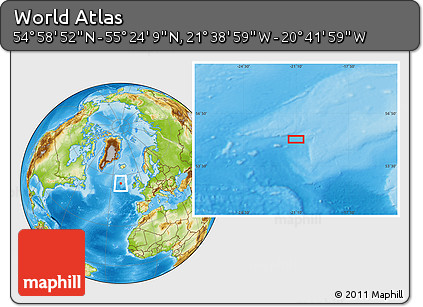 Physical Location Map of the Area around 55° 11' 31" N, 21° 10' 29" W