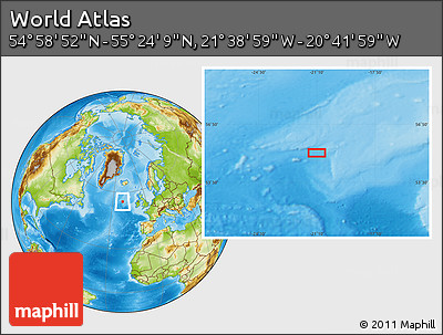 Physical Location Map of the Area around 55° 11' 31" N, 21° 10' 29" W