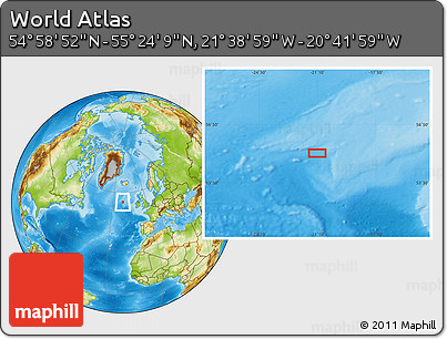 Physical Location Map of the Area around 55° 11' 31" N, 21° 10' 29" W