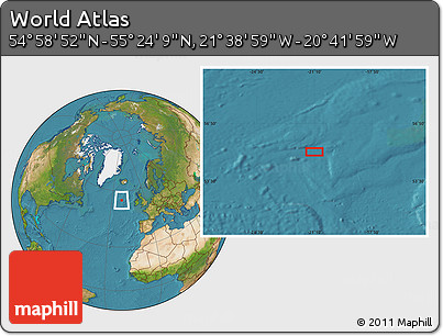 Satellite Location Map of the Area around 55° 11' 31" N, 21° 10' 29" W