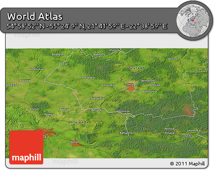 Satellite 3D Map of the Area around 55° 11' 31" N, 22° 10' 29" E