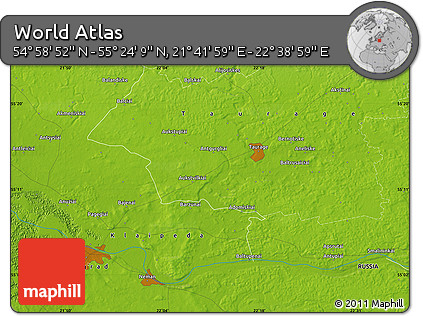 Physical Map of the Area around 55° 11' 31" N, 22° 10' 29" E