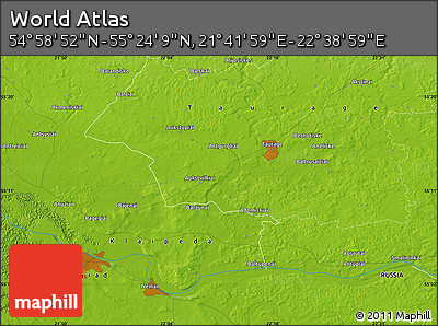 Physical Map of the Area around 55° 11' 31" N, 22° 10' 29" E