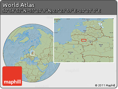 Savanna Style Location Map of the Area around 55° 11' 31" N, 23° 52' 30" E, hill shading