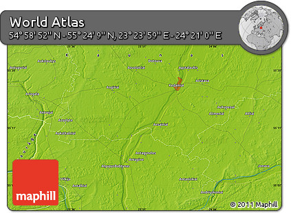 Physical Map of the Area around 55° 11' 31" N, 23° 52' 30" E