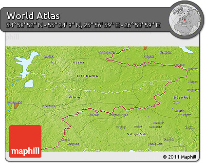Physical 3D Map of the Area around 55° 11' 31" N, 26° 25' 29" E