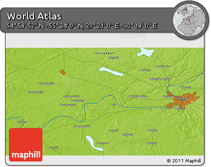 Physical 3D Map of the Area around 55° 11' 31" N, 29° 49' 30" E
