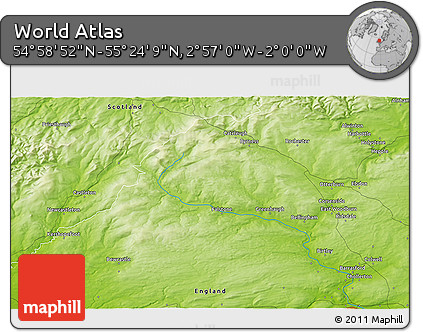 Physical 3D Map of the Area around 55° 11' 31" N, 2° 28' 30" W