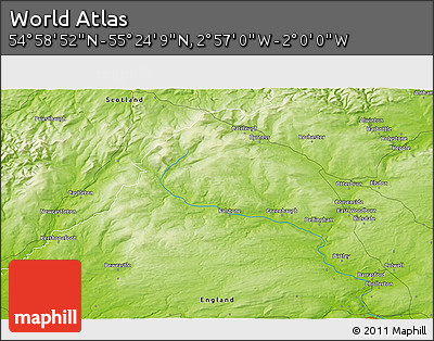 Physical 3D Map of the Area around 55° 11' 31" N, 2° 28' 30" W