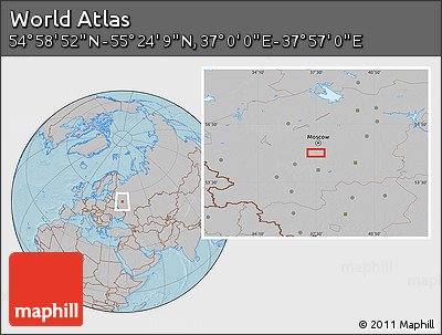Gray Location Map of the Area around 55° 11' 31" N, 37° 28' 30" E, hill shading