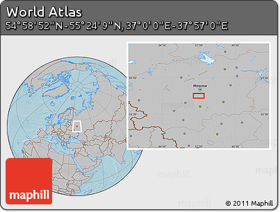 Gray Location Map of the Area around 55° 11' 31" N, 37° 28' 30" E, hill shading