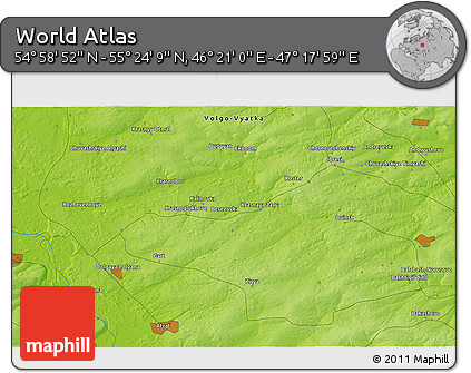 Physical 3D Map of the Area around 55° 11' 31" N, 46° 49' 30" E