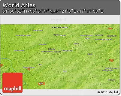 Physical 3D Map of the Area around 55° 11' 31" N, 46° 49' 30" E