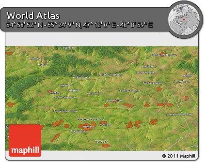 Satellite 3D Map of the Area around 55° 11' 31" N, 47° 40' 29" E