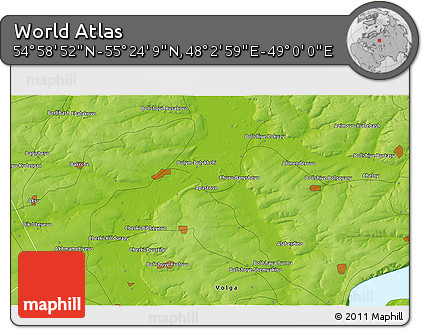 Physical 3D Map of the Area around 55° 11' 31" N, 48° 31' 29" E
