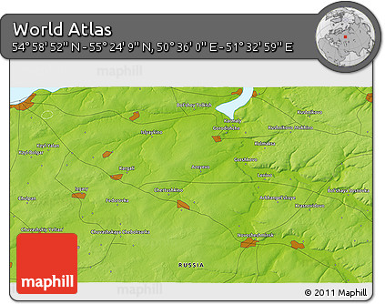 Physical 3D Map of the Area around 55° 11' 31" N, 51° 4' 30" E