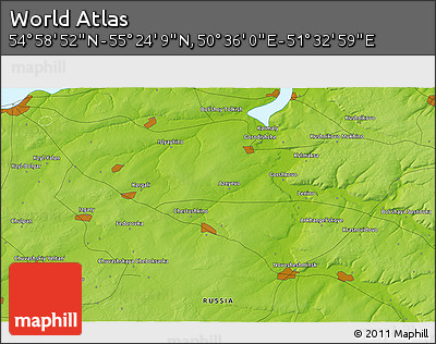 Physical 3D Map of the Area around 55° 11' 31" N, 51° 4' 30" E