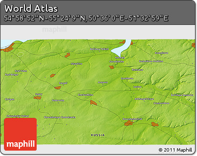 Physical 3D Map of the Area around 55° 11' 31" N, 51° 4' 30" E
