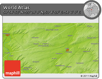 Physical 3D Map of the Area around 55° 11' 31" N, 53° 37' 30" E