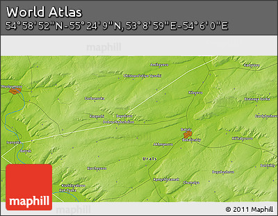 Physical 3D Map of the Area around 55° 11' 31" N, 53° 37' 30" E