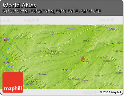 Physical 3D Map of the Area around 55° 11' 31" N, 53° 37' 30" E