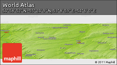 Physical Panoramic Map of the Area around 55° 11' 31" N, 53° 37' 30" E