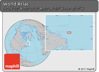 Gray Location Map of the Area around 55° 11' 31" N, 55° 10' 29" W