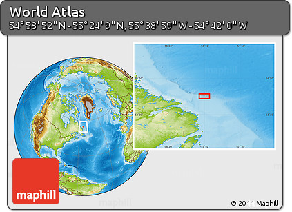 Physical Location Map of the Area around 55° 11' 31" N, 55° 10' 29" W