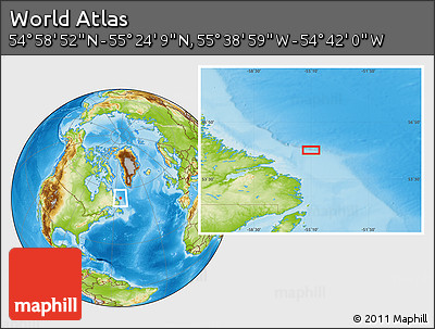 Physical Location Map of the Area around 55° 11' 31" N, 55° 10' 29" W
