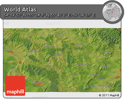 Satellite 3D Map of the Area around 55° 11' 31" N, 56° 10' 29" E
