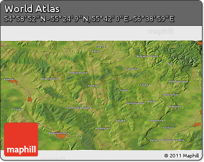 Satellite 3D Map of the Area around 55° 11' 31" N, 56° 10' 29" E