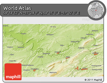Physical 3D Map of the Area around 55° 11' 31" N, 58° 43' 30" E