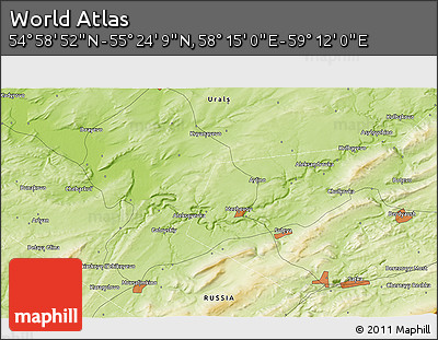 Physical 3D Map of the Area around 55° 11' 31" N, 58° 43' 30" E