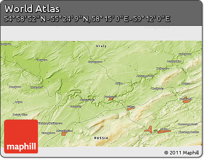 Physical 3D Map of the Area around 55° 11' 31" N, 58° 43' 30" E