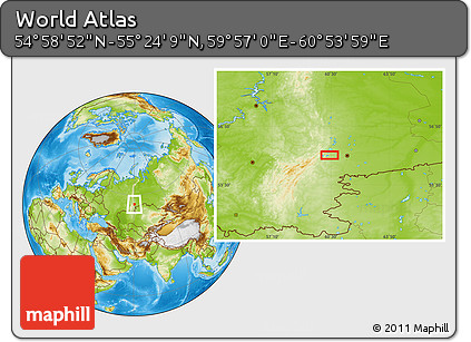 Physical Location Map of the Area around 55° 11' 31" N, 60° 25' 29" E