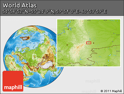Physical Location Map of the Area around 55° 11' 31" N, 60° 25' 29" E